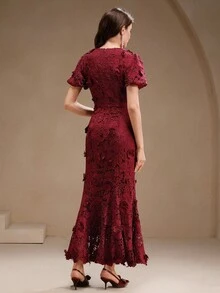 Anewsta 女式夏季新款碎花蕾丝连衣裙，优雅派对时尚 - 酒紅色 - 查看 2