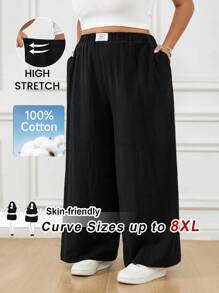 SHEIN CURVE+ Quần cotton rộng rãi đơn giản màu đen đa năng cho nữ cỡ lớn mới/Mùa thu/Mùa đông - màu đen - Xem 1