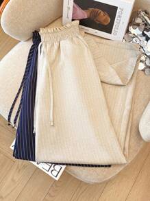 Franclia Women's Spring/Summer Linen-Like Striped Decorative Wide-Leg Pants With Ruffle Waistband, Casual Holiday Style Fall Cloth For Women