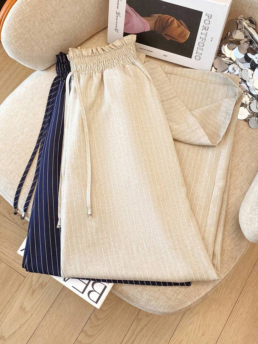 Franclia Women's Spring/Summer Linen-Like Striped Decorative Wide-Leg Pants With Ruffle Waistband, Casual Holiday Style Fall Cloth For Women