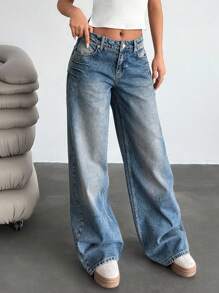 EURMUSE Low Waist Y2K Wide Leg Jeans, Minimalist & Fashionable, Suitable For Summer Women's Outfits Work Outfits For Women Women's Summer Tops Women's Spring Tops Women Summer Clothing Women Clothing Y2k Women's Summer Clothes Women Summer Sets - Dark Wash - View 3