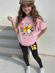 SHEIN 返校少女时尚休闲豹纹樱桃字母图案圆领短袖T恤豹纹打底裤套装个性街头套装夏秋装 - 彩色 - 查看 3