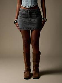 MISSGUIDED Studded Denim Mini Skirt High Waist Punk Rock Style Festival Fashion Metal Rivets Embellished Street Wear Party Club Night Out Casual Wear Retro Look Skirt - Grey - View 4