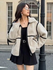 SHEIN 少女杏色仿毛领宽松休闲通勤外套，适合秋冬季日常通勤 - 杏色 - 查看 1