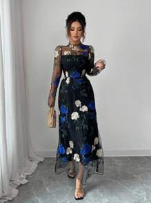 Elenzga 女士优雅时尚通勤休闲舒适迷人复古派对假日修身网眼 3D 刺绣花裙（随机印花） - 黑色 - 查看 6