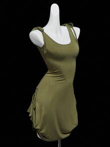 SHEIN ICON Backless Tie-Up Versatile Hem Mini Dress, Fitted - Dark Green - View 3