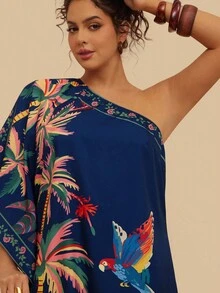 Travachic Váy ngắn in họa tiết cây nhiệt đới vai lệch cỡ lớn, màu xanh navy, phù hợp cho mùa hè và mùa thu - Màu xanh hải quân - Xem 6