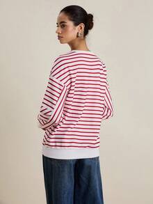 Airaco Casual Versatile Striped Contrast Color Sweatshirt, Autumn/Winter Pullover Fall - Red and White - View 2