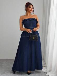 Elenzga Váy denim ống đứng màu xanh navy thanh lịch, không co giãn, mặc đi nghỉ thường ngày cho phụ nữ ngoại cỡ - Rửa tối - Xem 3