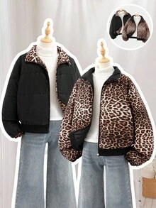 2-In-1 Black Leopard Print Padded Coat For Teen Girl Minimalist, Comfortable And Fashionable, Short Style, Suitable For Pre-Teen Girls Fall Winter - Multicolor - View 1