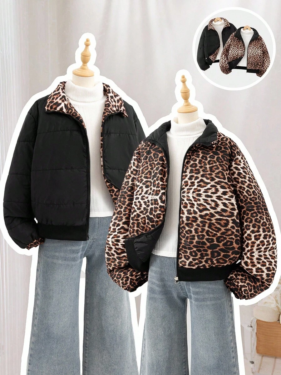 2-In-1 Black Leopard Print Padded Coat For Teen Girl Minimalist, Comfortable And Fashionable, Short Style, Suitable For Pre-Teen Girls Fall Winter - Multicolor - View 1