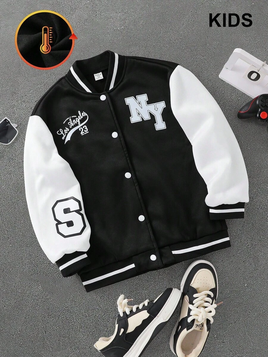 PAVTROS 适合青少年男孩的休闲印花棒球夹克，休闲、运动、日常穿着皆宜，是秋冬季时尚穿搭的理想之选。 - 黑與白 - 查看 1