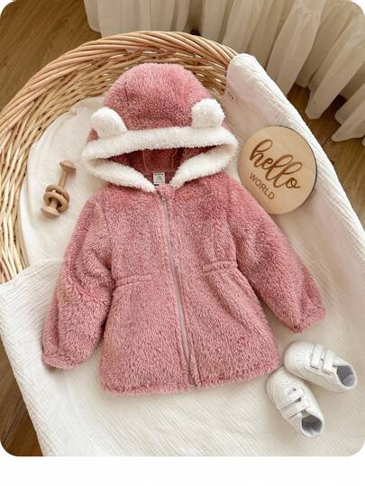 SHEIN 女婴可爱百搭粉色毛绒保暖连帽外套，秋冬季婴儿毛绒外套，婴儿毛绒外套，女婴冬季外套，女婴保暖服，幼儿毛绒外套