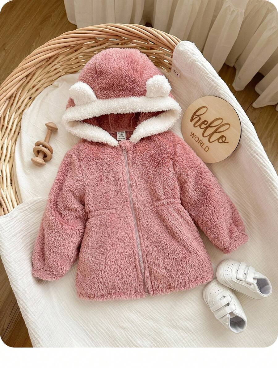 SHEIN 女婴可爱百搭粉色毛绒保暖连帽外套，秋冬季婴儿毛绒外套，婴儿毛绒外套，女婴冬季外套，女婴保暖服，幼儿毛绒外套 - 粉色 - 查看 1