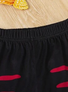 SHEIN 2 件套年轻女孩时尚舒适圆领盖袖上衣和蝴蝶印花做旧裤套装 - 酒紅色 - 查看 5