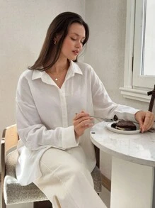 EURMUSE Shirt With Plain Drop Shoulder Button At Front - White - View 3