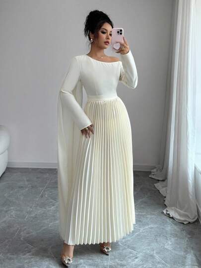 Elenzga 女士纯色长袖褶皱斗篷连衣裙，适合下午茶、约会、感恩节、返校等场合