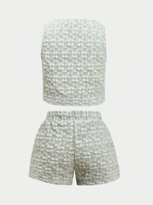 Tween Girl Casual Jacquard Bowknot Strap Tank Top And Shorts 2 Pieces Set - Mint Green - View 3