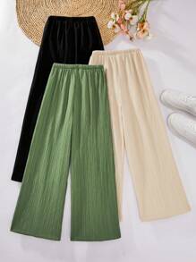 Sparklyn 3pcs Tween Girl Loose Textured Pants Set: Green Loose Textured Pants, Beige Loose Pants, And Black Textured Pants, Suitable Casual And Commuting Wear Chic For Autumn/Winter Fall - Multicolor - View 2