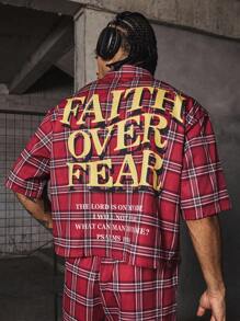 PAVTROS Manfinity Streetrush 男士街头风短款衬衫和裤子两件套，街头服饰，红色格子短款衬衫搭配抽绳长裤，个性化标语印花 Y2K 风格服装，前卫男士时尚，适合大学校园，送给他的礼物，圣诞节礼物 - 彩色 - 查看 5