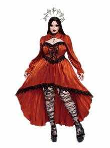 Whyspr 哥特朋克万圣节吸血鬼哥特式新款哥特式深色优雅缎面条纹二合一衬衫领泡泡袖连衣裙，派对/角色扮演短裙，前短后长设计秋季女装 - 橘色 - 查看 9