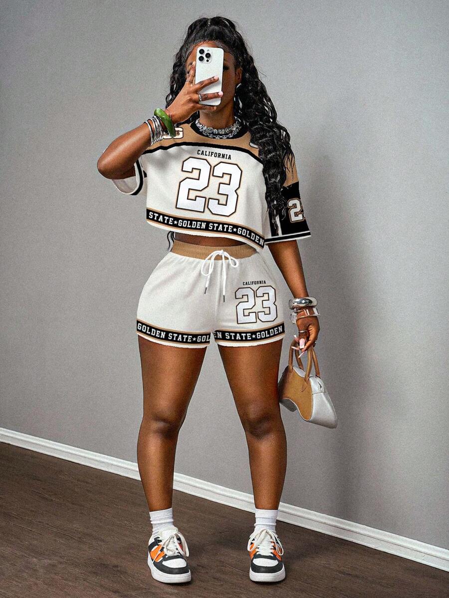 Slaydiva Bộ 2 áo thun và quần short in chữ và số Colorblock thường ngày dành cho nữ, mùa hè - Nhiều màu - Xem 1