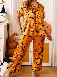 Chillnights Plus Size Faux Silk Shirt Collar Halloween Funny Pumpkin Print Set - Orange - View 5