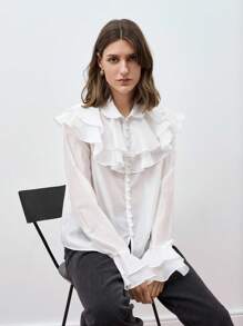 Maija Blusa elegante de mujer con volantes y mangas acampanadas, estilo bohemio de unicolor - Blanco - Ver 7