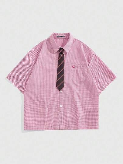 Prep Gestreiftes Herrenhemd mit kurzen Ärmeln und überschnittener Schulter, einreihig, lässig, für den Sommer, vielseitig einsetzbar