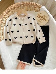 SHEIN Baby Girl Heart Pattern Long Sleeve Single-Breasted Knitted Cardigan And Knitted Pants Casual Suit,In Fall/Winter