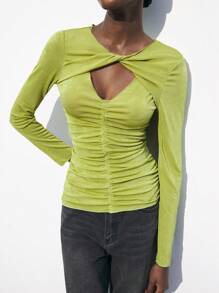 Maija 女士镂空扭纹荷叶边长袖纯色优雅修身 T 恤，秋冬季日常汗衫