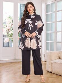 Lacomfia Women's Plus Size 2 Pieces Set, Fashionable Printed Casual Women Suit Sets Plus Size Pant Suit Women Plus Clothing Sets Blouse And Pants Set Two Piece Pant Set,Women's Fashion Casual Autumn And Winter Sexy Party Wedding Birthday Back To Work Back To School Halloween Costumes, Gifts For Mom, Women's Autumn Suits Autumn Dress Winter Women's Clothing, Autumn Women's Shirt Cardigan Two-Piece Suit, Pants Super High Stretch, Comfortable And Soft Fabric - Black - View 4
