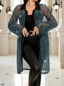 大码女式金属色袖可转换长款透视衬衫，时尚派对外出长袖上衣，女士秋季时尚上衣，适合秋季派对穿着。 - 彩色 - 查看 1