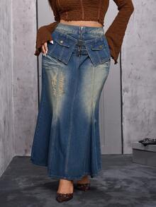 Rivivi Váy denim cổ điển màu xanh đậm phong cách nhóm nhạc nữ K-Pop cỡ lớn dành cho nữ, không co giãn - Rửa tối - Xem 4