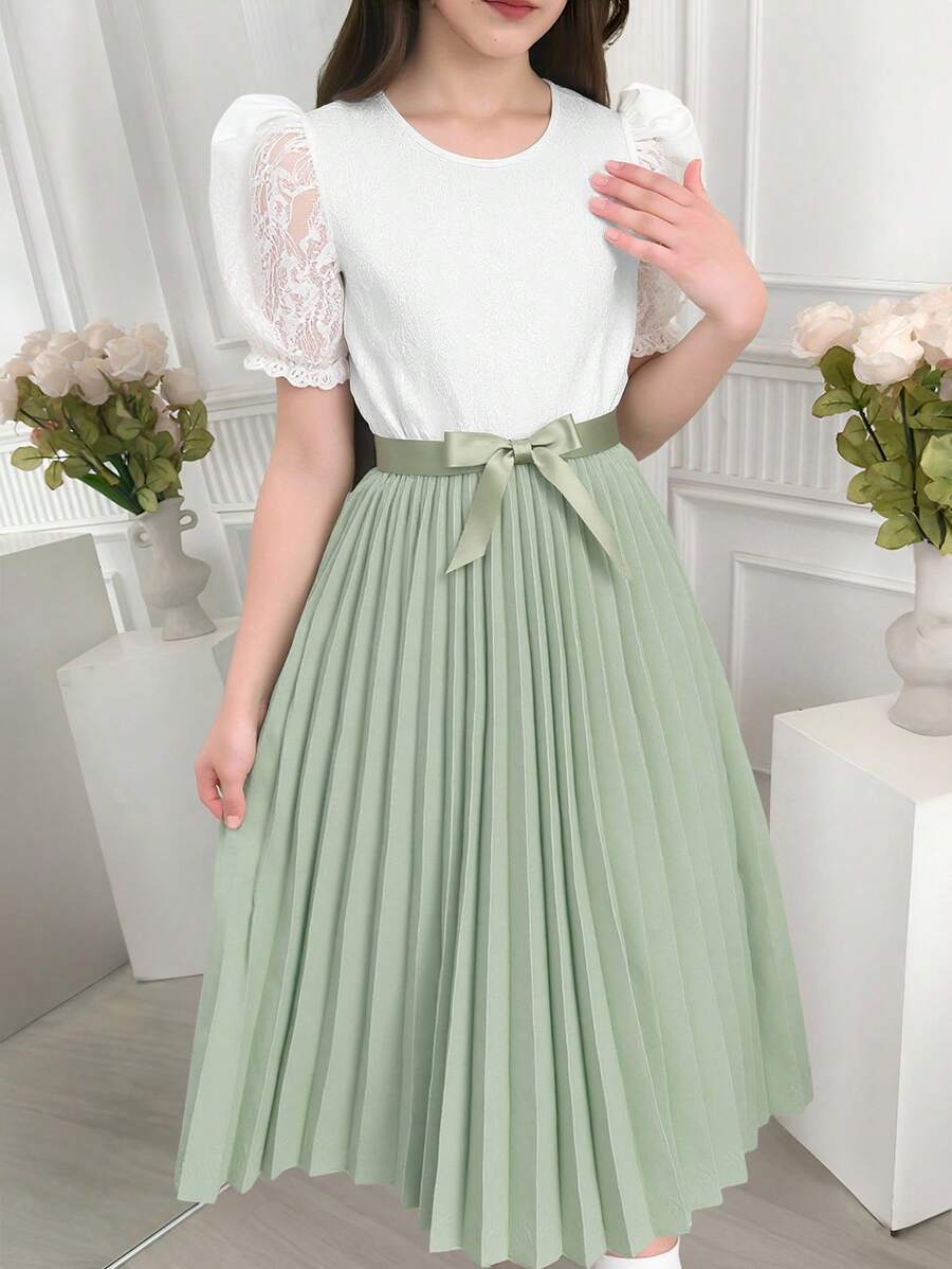 Teen Girls' Lace Panel Puff Sleeve Pleated Dress