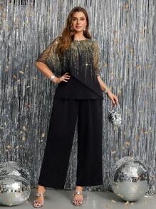 Gownix Plus Size Women Elegant And Romantic Anti-Sequin Printed Top And Wide Leg Pants 2 Pieces Set,Old Money Style Women,Business Casual Woman,Teacher Outfits For Women,Teacher Outfits For Women,Back To School Clothes,Office Outfits For Women,Lounge Sets For Women,Work Clothes Women,Button Up Shirt Women,Teacher Shirts,Work Outfits For Women,Teacher Outfits,Work Pants,Modest,Classy,Work Tops,Set For Wedding Guest,Wedding Guest Set,Wedding Guest Set Elegant,Mother Of The Bride Set,Wedding Guest,Formal Set For Wedding Guest,2025 New,Fall Clothes For Women,Winter Clothes For Women,Fall Clothes Plus Size ,Winter Clothes,Autumn, Winter Outfit For Women,Night Out,Going Out Outfit , Old Money Style Women,Suitable For Multiple Occasions,Halloween, Homecoming,Christmas,Business Casual Woman,Business Casual Outfits Women,Business Casual Woman Curve, Teacher Clothing, Business Commuting,Halloween,Christmas,2025 New - Black - View 8