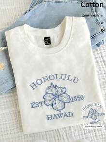 Lalippa Camiseta de mujer de cuello redondo con bloque de color, eslogan y bordado de hibisco para el verano