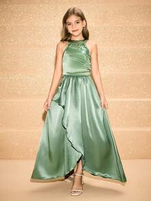 Elegant Sage Green Summer Wedding Dress For Tween Girls,Flower Girl Prom Evening Party Gown - Green - View 1