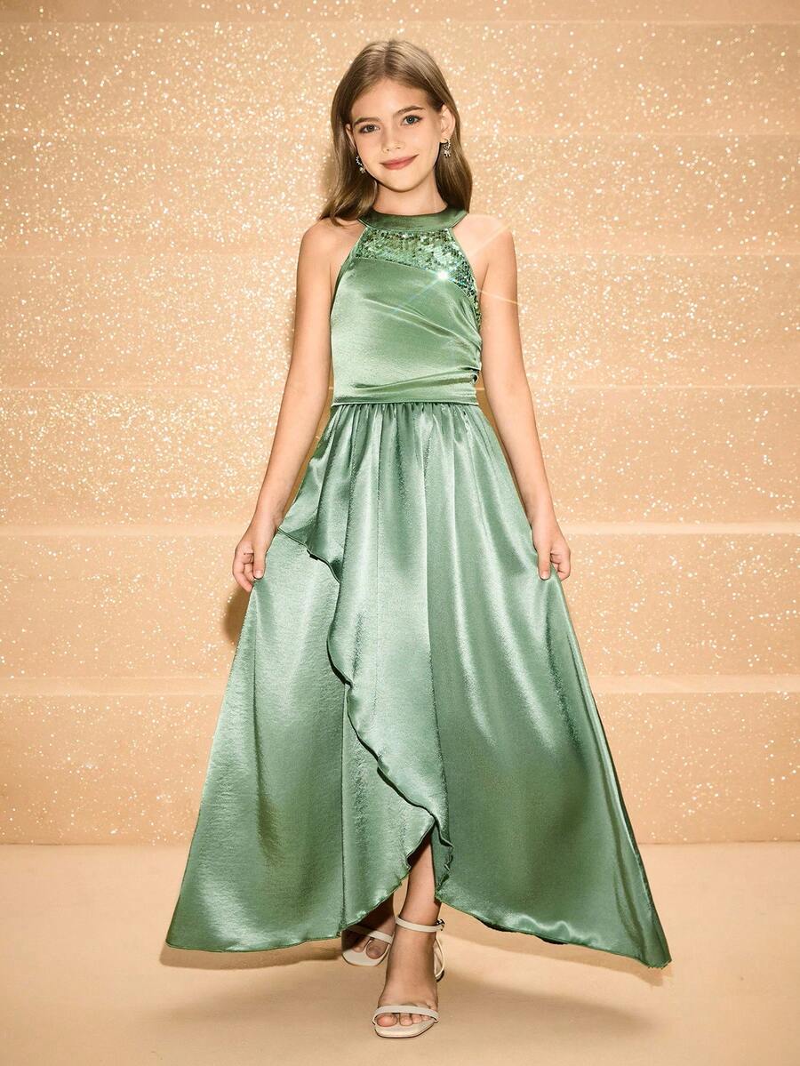 Elegant Sage Green Summer Wedding Dress For Tween Girls,Flower Girl Prom Evening Party Gown - Green - View 1