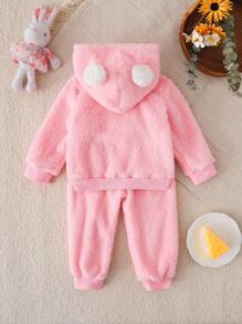 SHEIN Playful Pals 2 件女婴秋冬珊瑚绒连帽衫，带云朵刺绣和珊瑚绒裤套装，适合休闲穿着、户外旅行、派对 - 粉色 - 查看 2