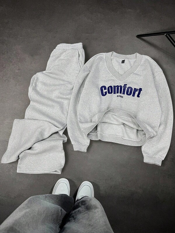 Manfinity Sporsity Men's Casual V-Neck Letter Print Long Sleeve Sweatshirt And Sports Pants Set Sweat Set Couple Sets Outfits Couple Clothes Co Ord Set