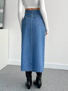 SHEIN Cottnline HIGH RISE MIDI DENIM SKIRT WITH MULTI BUTTON - Medium Wash - View 2