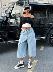 CasuGlow 女士低腰雪花洗牛仔短裤 - 淺色水洗藍 - 查看 4