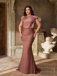 Aureia Váy dạ hội trang trọng thanh lịch lãng mạn cổ cao đính sequin sang trọng trang trí đá Rhinestone xẻ cao ôm sát cơ thể xếp nếp viền đuôi cá có đuôi váy - màu nâu - Xem 6