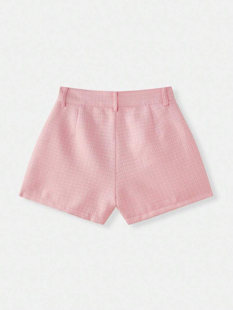 Shorts Alfaiatados de Tweed Rosa com Pregas na Frente, Shorts Casuais de Negócios para Sair na Primavera e Verão
