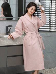 SHEIN 1 pezzo di accappatoio stile waffle, vestaglia unisex per adulti, pigiama primaverile/estivo, ad asciugatura rapida e ad assorbimento d'acqua, vestibilità morbida, disponibile in più colori, essenziale per il bagno e la casa, adatto per la stagione scolastica - Colletto verde multicolore - Visualizzare 7