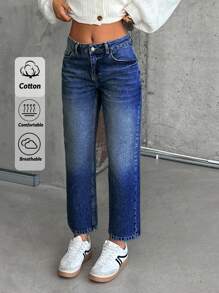 RueChic Slant Pocket Low Waist Snow Wash Straight Jeans - Medium Wash - View 1