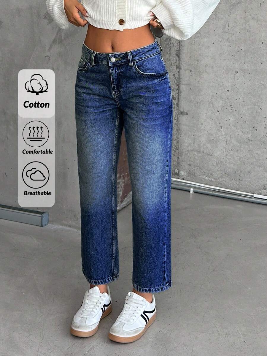 RueChic Slant Pocket Low Waist Snow Wash Straight Jeans - Medium Wash - View 1