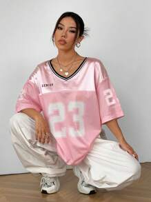 SHEIN EZwear Áo thun nữ cỡ lớn in kỹ thuật số, kiểu dáng phối mảnh, thích hợp cho mùa hè, đi học, thu, công sở, đi làm, dành cho giáo viên. - Hồng - Xem 3