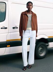 Maija Veste longue zippée ample de couleur unie pour femmes, veste marron, veste zippée marron, veste bomber marron pour femmes, vêtements d'automne pour femmes